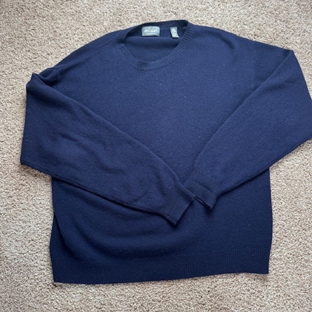 Lord & Taylor Lambswool Sweater Mens XXL Navy Blue Crewneck Made in UK Vintage
